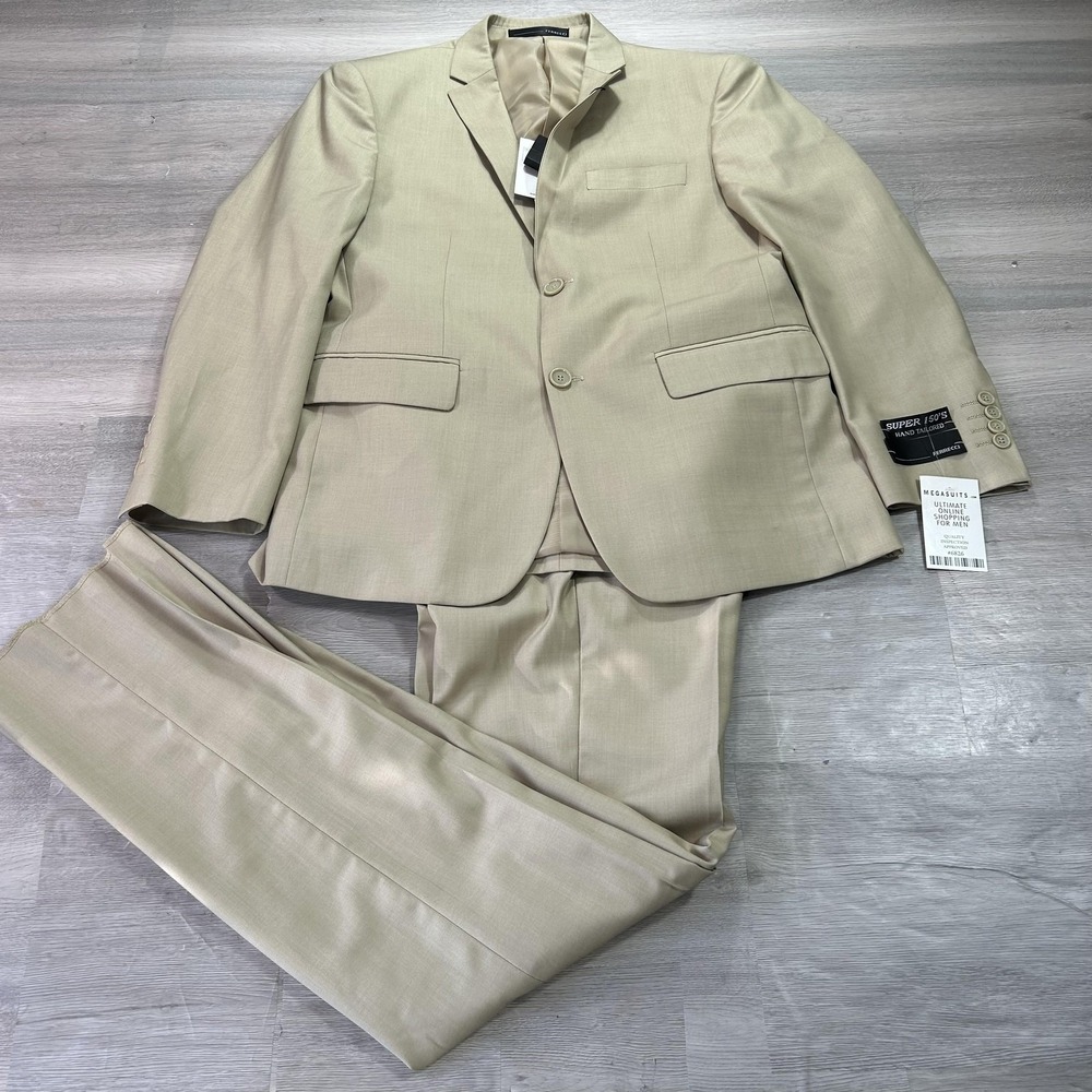 Ferrecci Suit Mens 38S Jacket 30x36 Pants Beige Tan Slim Fit 2 Piece Wedding